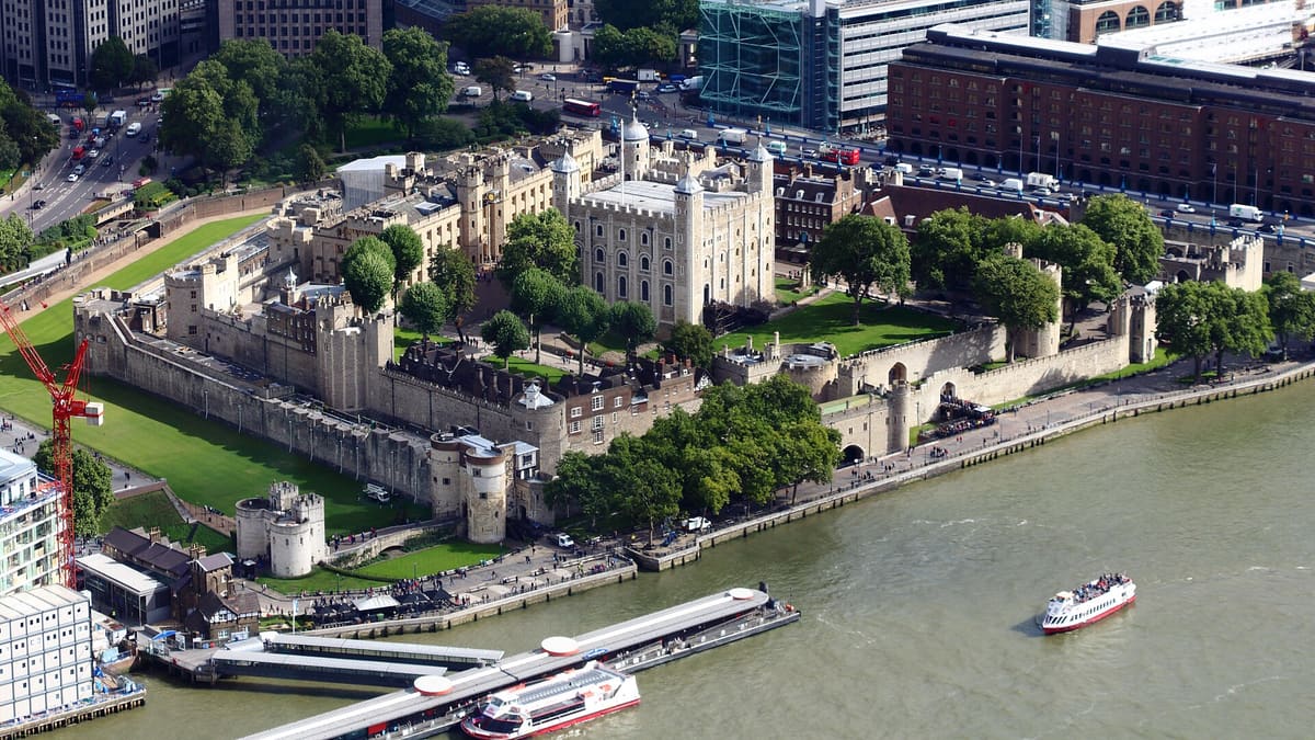 Aerial view of the Tower of London beside the River Thames